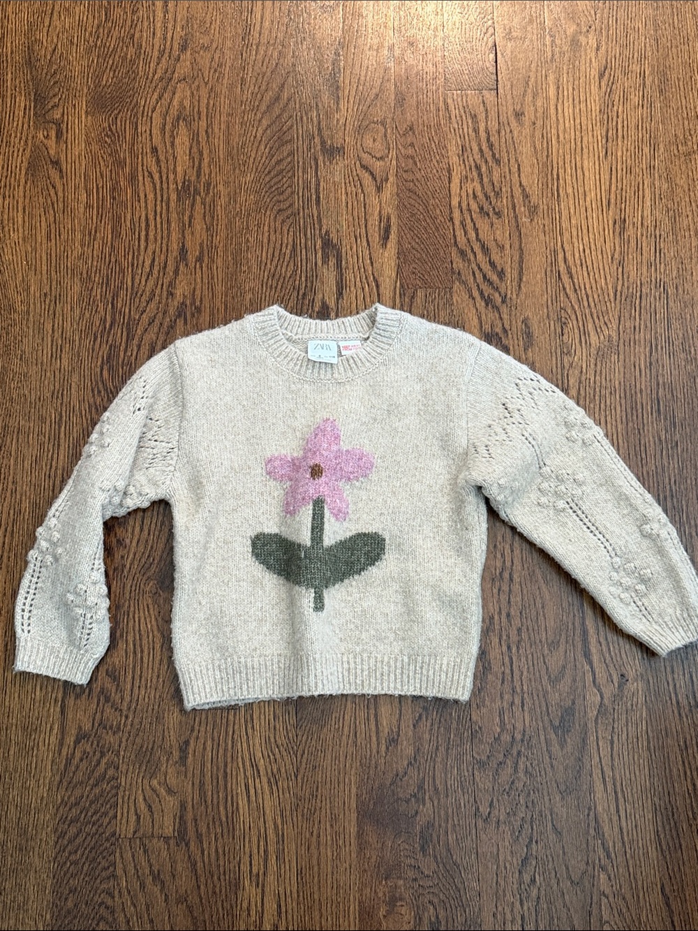 Zara Cream Knit Sweater with Pink Flower and Green Stem